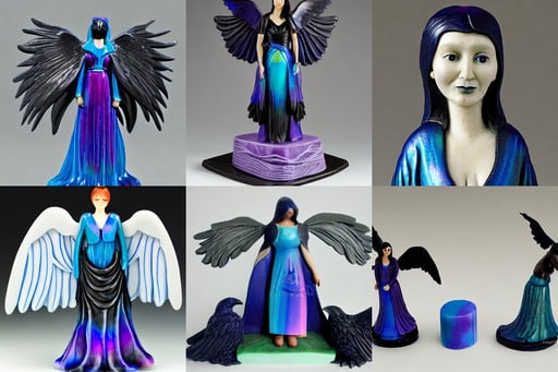 character portrait of a modest robed raven angel with iridescent black raven wings, gemma chan girl, and a blue dress, soap carving