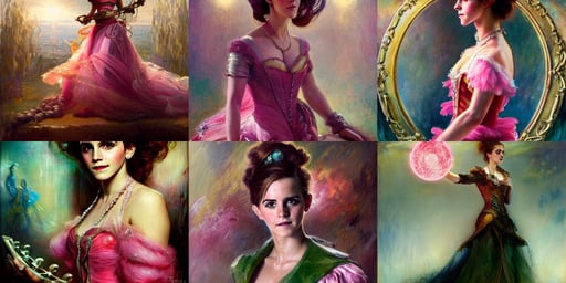 three-quarters pose portrait of Emma Watson as a beautiful Lady Mechanika, gaston bussiere, character artwork, darker, in front of a shining orb of data, chic flowing pink dress, Jade, by Piotr Rusnarczyk, vanessa morgan, stunning lighting