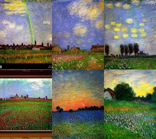 village in the middle of fields, Light Art, art by Claude Monet, expansive sky, wonderful, spreading wings, spectacular, big pecs, Bokeh blur