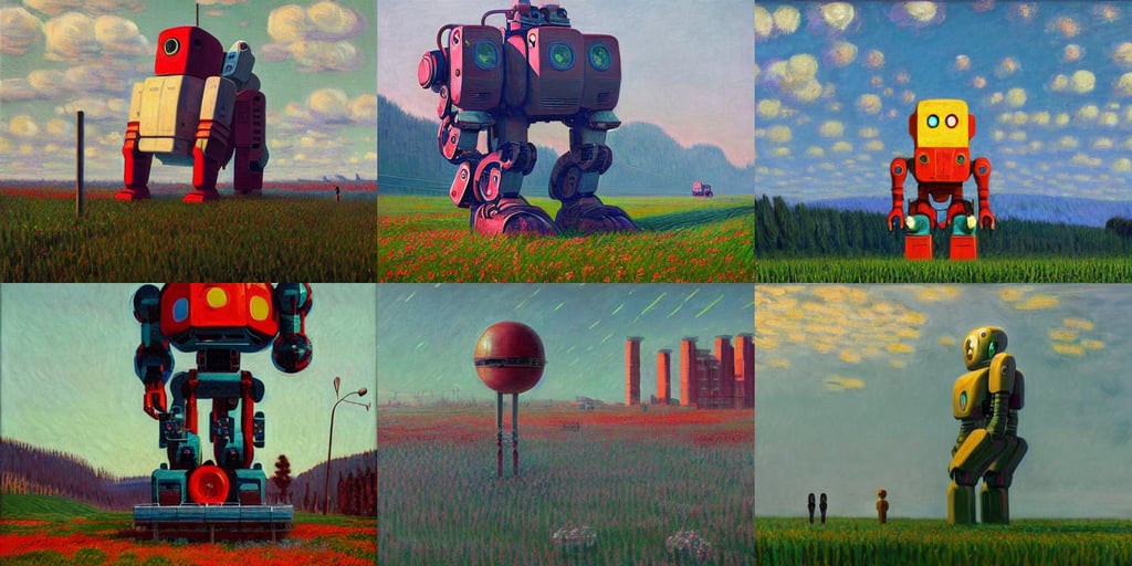 A giant robot by Simon Stålenhag and Claude Monet, oil on canvas