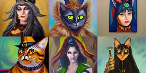 Oil Painting of Cat Sorceress, insanely, mean smirk