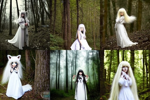 medium shot of a cute white long haired anime foxgirl in a forest, dim light, wide nose!!!, ebony wood bow, augmentation, very sweaty, elegant dress, catholicpunk, by thierry bisch