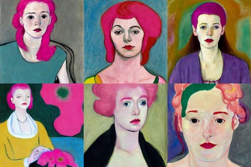 a beautiful girl with pink hair, beautiful, art by Hilma Af Klint, art by Henri Matisse, colorful, photo realistic