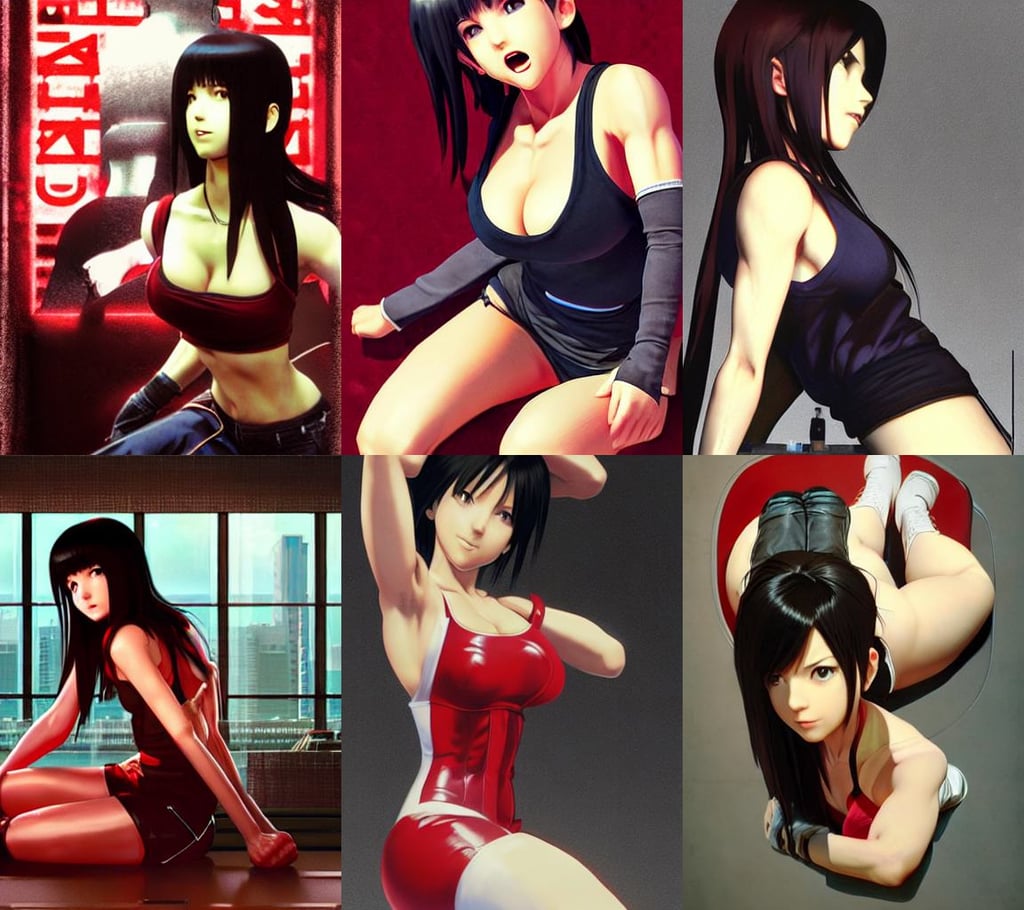 Tifa Lockhart rendered in Cinema 4D, crimson, sitting position 