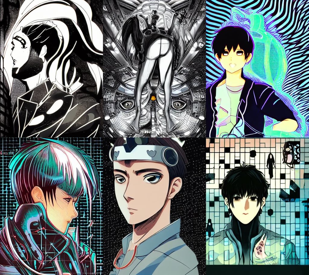 a detailed manga illustration character full body portrait of a dark haired cyborg anime man, brain of the future, shallow depth of field, gigantic kaiju looking down worms - eye - view, the modern reincarnation of the old selenium god of hunt, looking through frosted glass, neon sign, chess knight, Sanrio inspired. Beautiful artwork, Behance  Trending on artstation, art station trending, by Josh Durham and artgerm, in the style of edvard munch, 3 d with depth of field, wing male elf, by brad wright, warm pink living room, astronauts waving hello, by Piotr Rusnarczyk, gradient blue