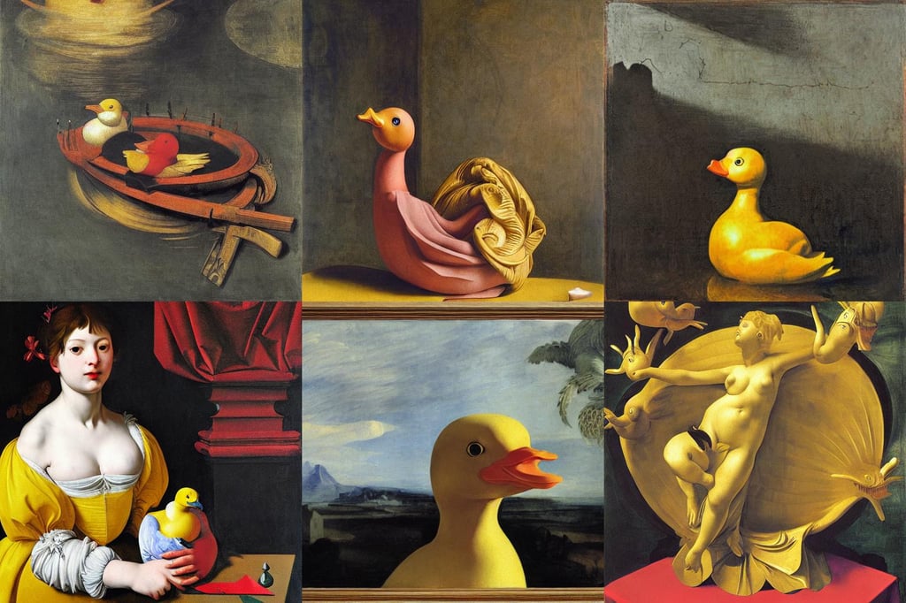 rubber duck of impending doom, biomorphic, extreme quality, coat of arms, art by Michelangelo Merisi Da Caravaggio, art by Artemisia Gentileschi, Clear Reflections, sharp, hive, art by Joseph-mallord William Turner, art by Henri Matisse