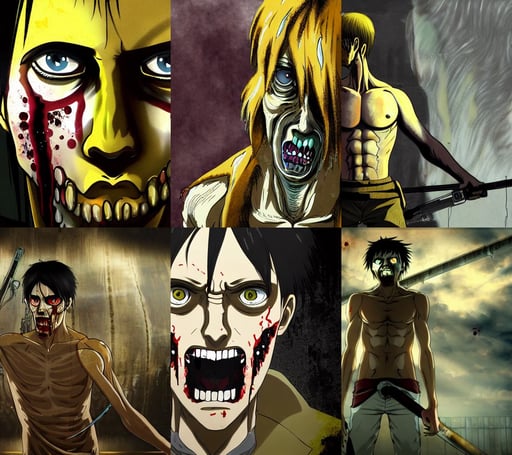 painting painting of a male zombie, High quality image, tear drops, 2 d portrait, 4 k screenshot from attack on titan, sly expression, multiple gun turrets are visible over the hull, draped in diaphanous gilded fabric, and yellow. As you walk inside