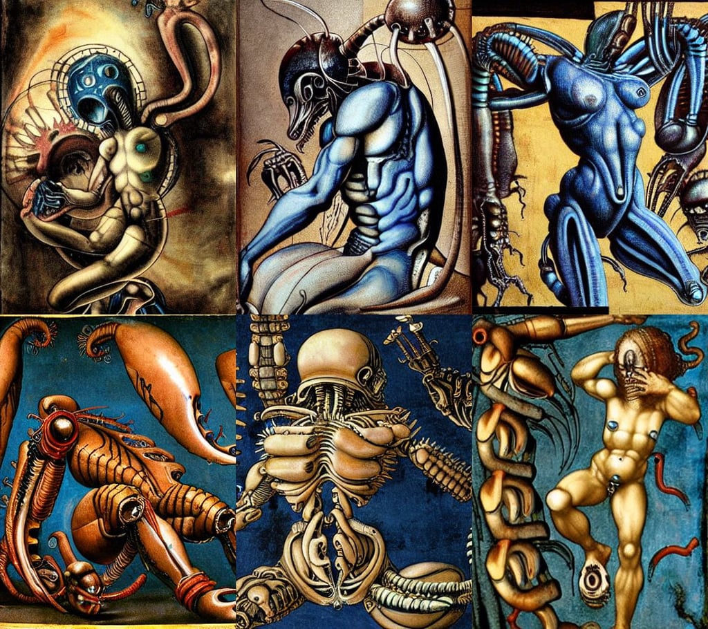 cyborg body composed of nanomachines, bleu, creature xenomorph monster fetus, art by Leonardo Da Vinci