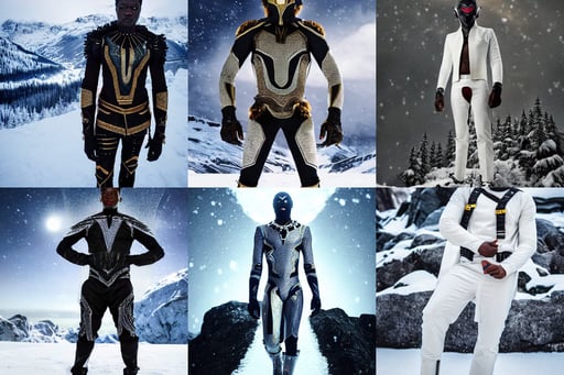 manos pintzis, wakandan warrior in white and gold suit standing in a heroic pose in the snowy mountain, tart guard, full frame photograph, very cool young man wearing cyberpunk techwear, void eyeballs, lighting strike