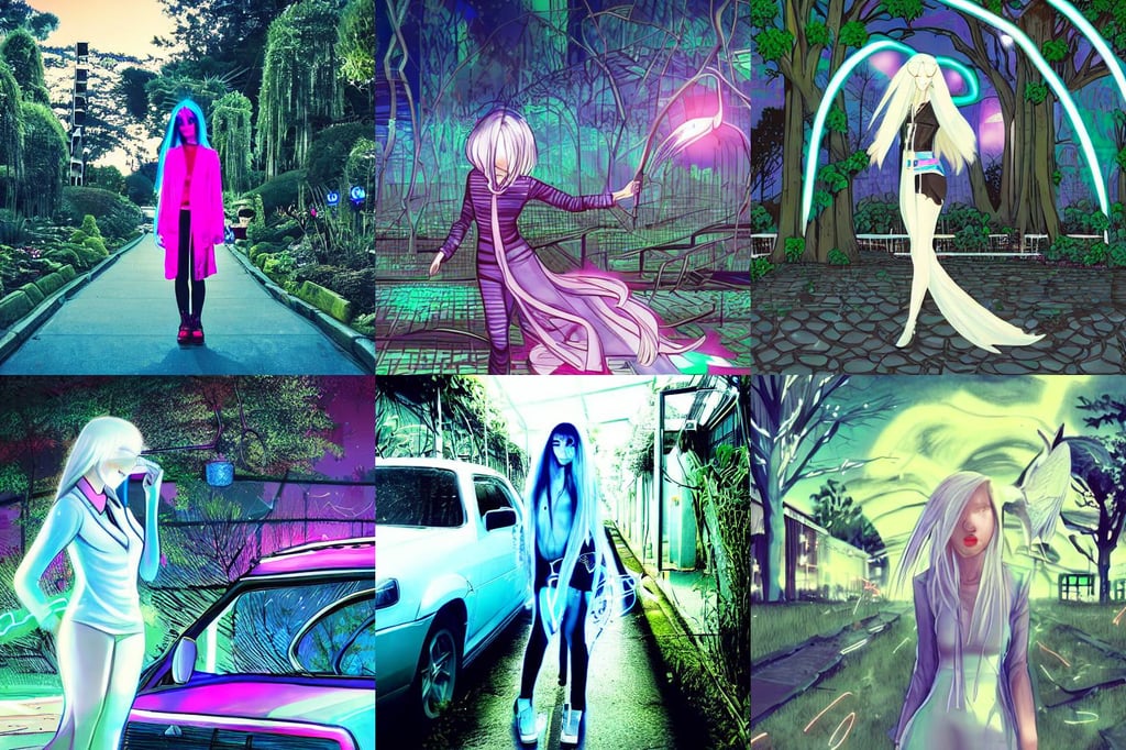 Strixhaven school for gifted magical beings, white straight hair, japanese garden background, ( in future shibuya japan night ), beautiful and aesthetic shape of face and body, in an abandoned car lot  overgrown, renaissance, she flies by using blue neon powers through the city. Cinematic sunset, glowing lights!! sci-fi, disgusting