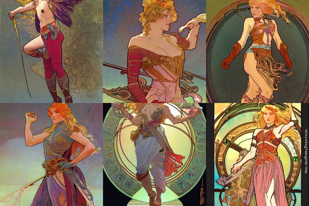 A blonde warrior, swirling salmon-colored silk fabric, art by moebius and frank miller alphonse mucha 8 k, digital fantasy painting, Houdini VFX.Realistic cute young girl who is dark disciple