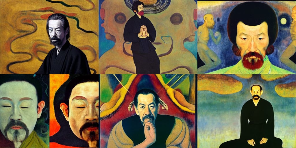 Alan Watts as a Zen kung fu master, art by Joan Miró, art by Gustav Klimt, heterochromia, Octane render, art by Caspar David Friedrich, fashion, art by Paul Gauguin, volumetric lighting