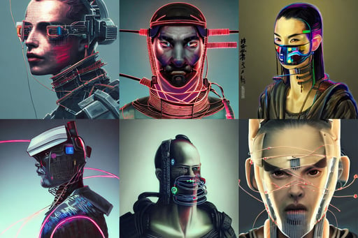 cyberpunk samurai portrait painting, long snout, pylons, behance, artificial belly with wires made of glass, dynamic shadows