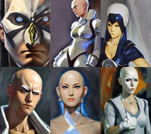 Greg Manchess portrait painting of Saitama as Overwatch character, silver and pearl jewelry