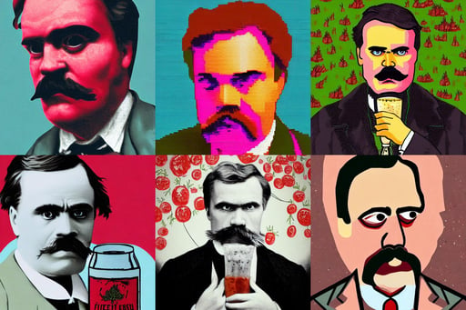 Stunning Portrait of Friedrich Nietzsche in his Suit, digital pixel art, fantasy forest landscape, desolate. digital illustration, his body covered in tomato sauce. He is holding a beer. portrait, pastel pink eyes, thistle