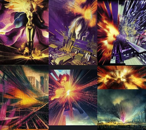 epic scene of an explosion in dystopian metropolis, full hd render +4k UHD + immense detail + dramatic ligthning + black and purple, art by Sandro Botticelli, art by Marcel Duchamp, art by Eugène Delacroix, fashion, Bokeh blur, art by Francisco De Goya, art by Marcel Duchamp, art by Paul Cézanne, art by Jean-michel Basquiat, art by Raffaello Sanzio, art by Piero Della Francesca, shiny beautiful eyes beautiful face