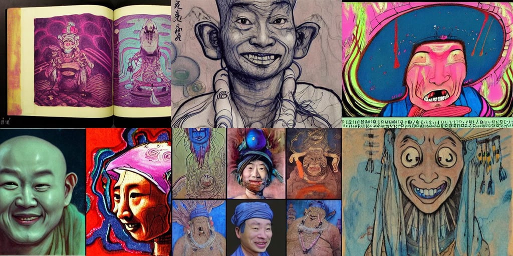 Chinese man meeting Indian shaman In magical cave, sketch of alien faces, smile, art by Johannes Vermeer, intricate design, pink, bleu, wet slimy, bold and thin ink lines 8k, art by miyazaki and Ian McQue and Akihiko Yoshida and Katsuya Terada, art by Tommaso Masaccio, from another world, expansive sky, bold and thin ink lines 8k, wearing a maid outfit + Finely detailed, art by Jenny Saville, voronoi pattern, Baroque Architecture, makoto shinkai, dramatic atmospheric lighting, brutalism