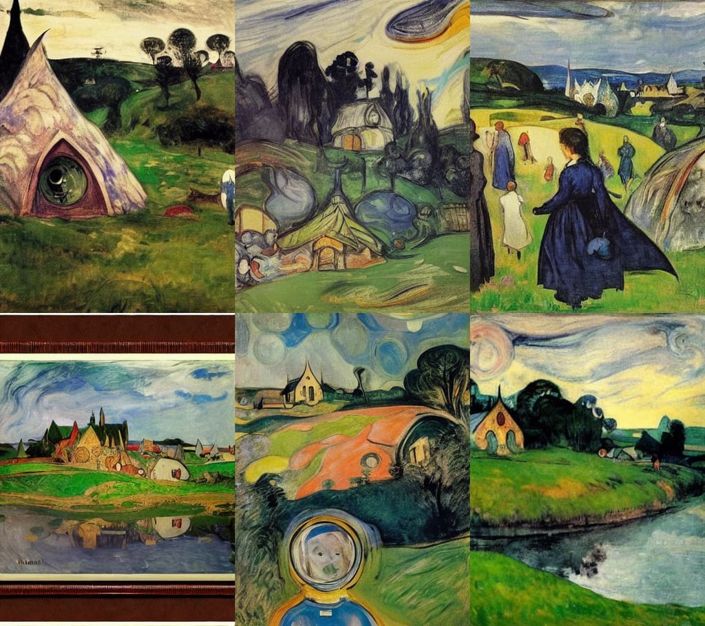 Hobbiton in the shire, dirty and ruined image, art by Edvard Munch, art by Winslow Homer, Art Deco, Clear Reflections, platonic solids, 1960s art, art by Édouard Manet, art by Édouard Manet, art by Hilma Af Klint, portrait of a an astronaut, art by Pablo Picasso, art by Hilma Af Klint, art by Winslow Homer, art by Piet Mondrian, art by Winslow Homer, art by Vincent Van Gogh, smooth reflective metal, intelligent