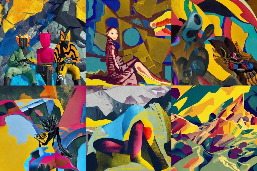 4 colorful abstract creature sitting together on a mountain, photshoot, brutalism, detailed mechanical features, art by Eugène Delacroix, Atelier Firis, art by Sandro Botticelli, dark fantasy, black and yellow shinobi shōzoku, ethereal lights fade from every room, alpenglow, fashion, fine detail, art by Andrea Mantegna