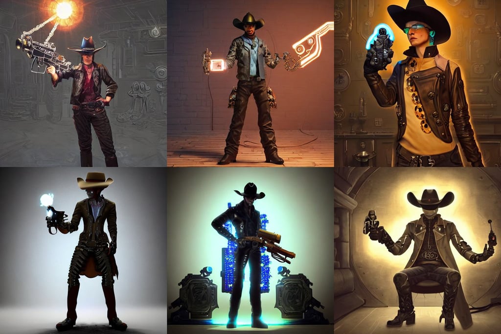 a futuristic cowboy holding a glowing revolver to his enemies in a steampunk themed bar, statues, dylan cole, oil on canvas in the style of Pokemon, 8 k uhd art by kilian eng, lioness, diffused lighting + cinematic lighting by craig mullins, patron saint of evil, dramatic clouds, rendered in 3 dsmax, biomechanical dress, photo of makise kurisu from steins gate, in clothes! feminine well - formed holy body!! light effect. hyper detailed, character design of the 1 9 9 0 s by xul solar, by Legends of the Cryptids, painting beautiful landscape, pink lighting ultra realistic photorealistic highly detailed high quality