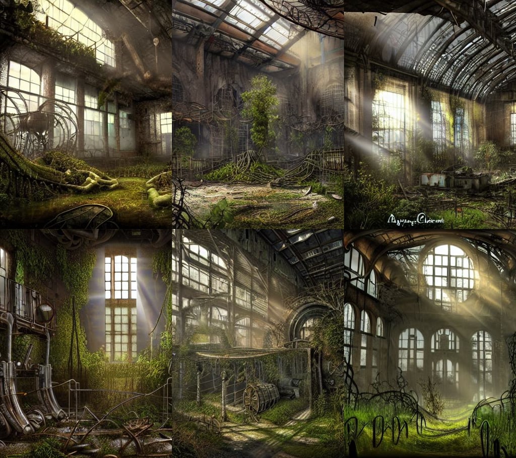 inside of an overgrown abandoned factory, ancient dwemer machines, steampunk, ultra detailed, hyper realistic, dramatic lighting, god rays, realistic proportions, overgrowth, vines, roots, abandoned, dilapidated, gloomy colors, volumetric lighting, dusty