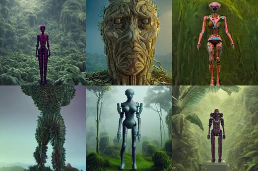 womanized humanoid robot made of steel, tropical trees, 8k high definition, hills, hyperdetailed and intricate, aesthetic octane render inspired in beksinski and dan mumford work