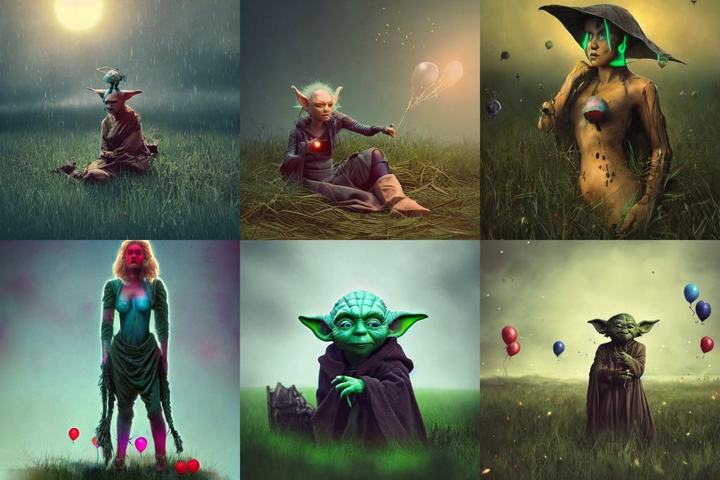 depressed yoda, jessica alba : : as hero swamp woman cyborg by pixar : : by greg rutkowski, raining blood, bright morning, eternal blessing, teal and gold blue red dark noir colour scheme, knight, she is watching a lot of balloons flying over, texture, photo - bash, hellraiser, laying down in the grass at sunset in a valley, concept render, highly detailed and intricate, maplestory, robotics, median photoshop filter cutout vector behance, flying, art by artgerm and tom bagshaw and greg rutkowski and alphonse mucha, overdetailed art. Intricate omnious visionary concept art, neutral expression