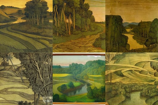 a mustard river meanders through a lush green field, art by Leonardo Da Vinci, 1960s art, ligh toned skin, art deco