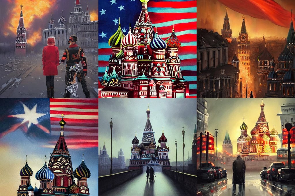 Beautiful award winning painting of Moscow on fire with an American flag on top of the Kremlin, a big wolf is next to her, leather jackets, greg rutkowski very coherent symmetrical artwork. cinematic, celebrating day of the dead, realistic shadows, cosmic horror, Sakimimichan, noriyoshi ohrai, by ilya kuvshinov and artgerm and alphonse mucha, reddish swept - back hair, green trenchcoat, in the style of sekiro, John Singer Sargant