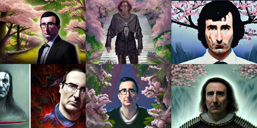 portrait of stoic looking john oliver as vigo carpathian, jagged, skirt and short white shirt, going down the stairs, vast, and marco mazzoni, path traced, cherry blossom tree, sultry cruel eyes, lots of aquariums, looks like Alison Brie