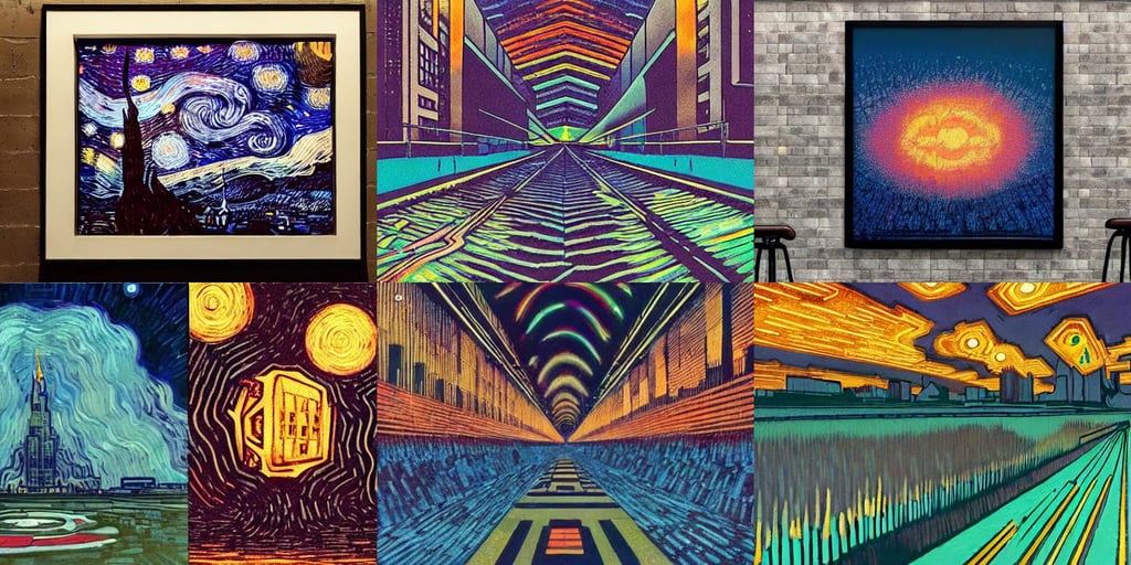 a black void carved into the ground in manhattan, hyper realistic, Dan Mumford and Studio Ghibli, colorful, alpenglow, transparent, art by Piet Mondrian, art by Vincent Van Gogh, cyan, happy, art by Francis Bacon, fashion, art by Leonardo Da Vinci