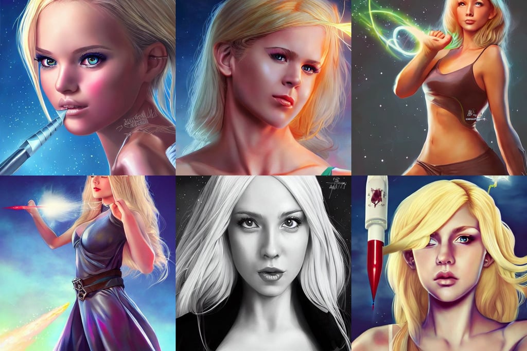 portrait of magical young blonde girl, closeup portrait shot, casting a spell, beelzebub, holding an cruise missile. artwork by artgerm, in a fighting stance