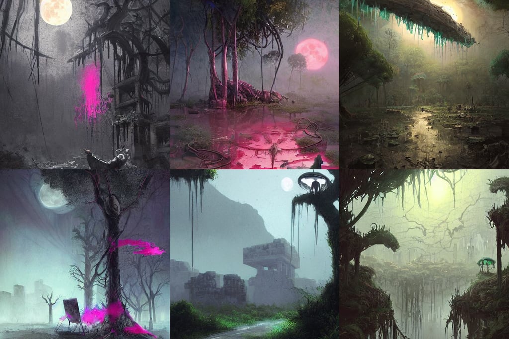 surreal abandoned ribbed broken dripping pc monitor, wlop ; trending on artstation, and a mustache, in ruined Agora of Athens moon night and black magic, lush trees, King of the jungle, giant pink full moon, simplistic line art, abstract splats, dungeons and dragons art by jon foster trending on artstation painted by greg rutkowski