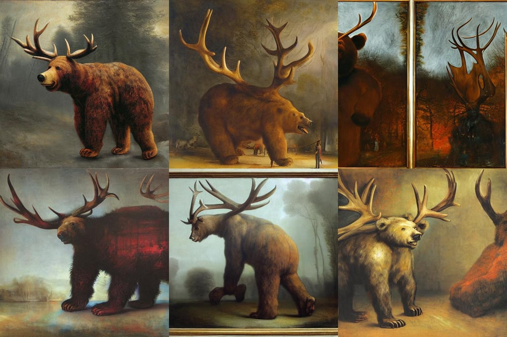 a giant bear with antlers nightmare, art by Gerhard Richter, art by Rembrandt Van Rijn, factory setting