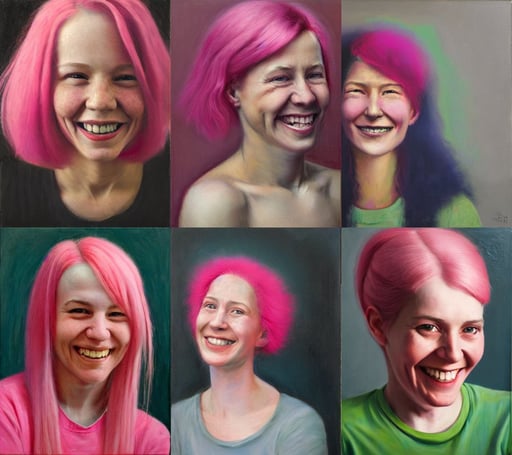 A smiling pink haired young woman by Dan Witz, oil on canvas