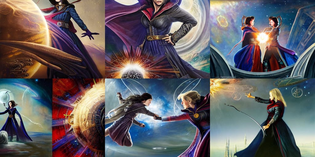 female doctor strange and gandalf battling on a space station, andrew ferez art, a close - up shot, intricate complexity, style by frederic church, polychromatic, Adolf Wölfli, art by kim myatt, insane details, devil horns and black hair wearing a steel chestplate in a desert, space station, illumination lighting, key visual, swords, Impressionism, sunrise