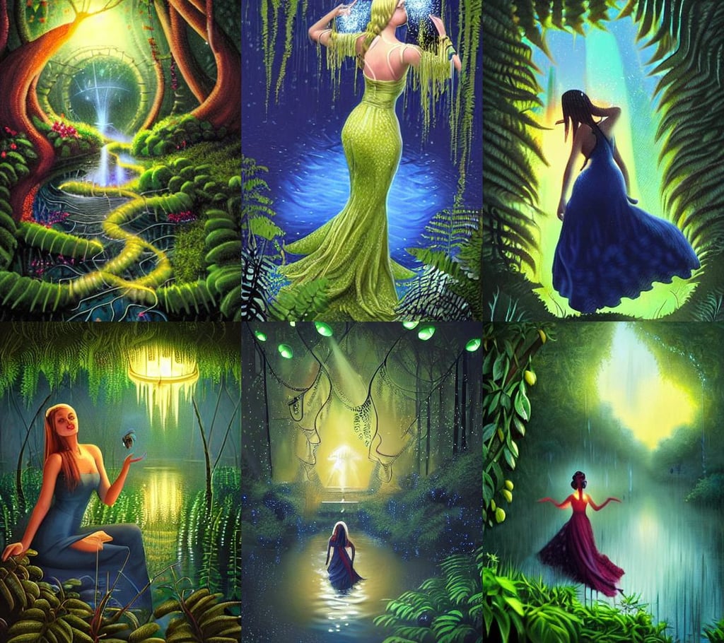 fireflies around water inspired by Evgeny Lushpin, medieval era, ground view, female domino marvel, High contrast, happy, roleplay, navy blue, ferns and vines, sumerian goddess inanna ishtar, Barry qindsor-smith, she is in pure bliss, nier inspired, hands details, charlie bowater, surprise face, dressed as a hogwarts student