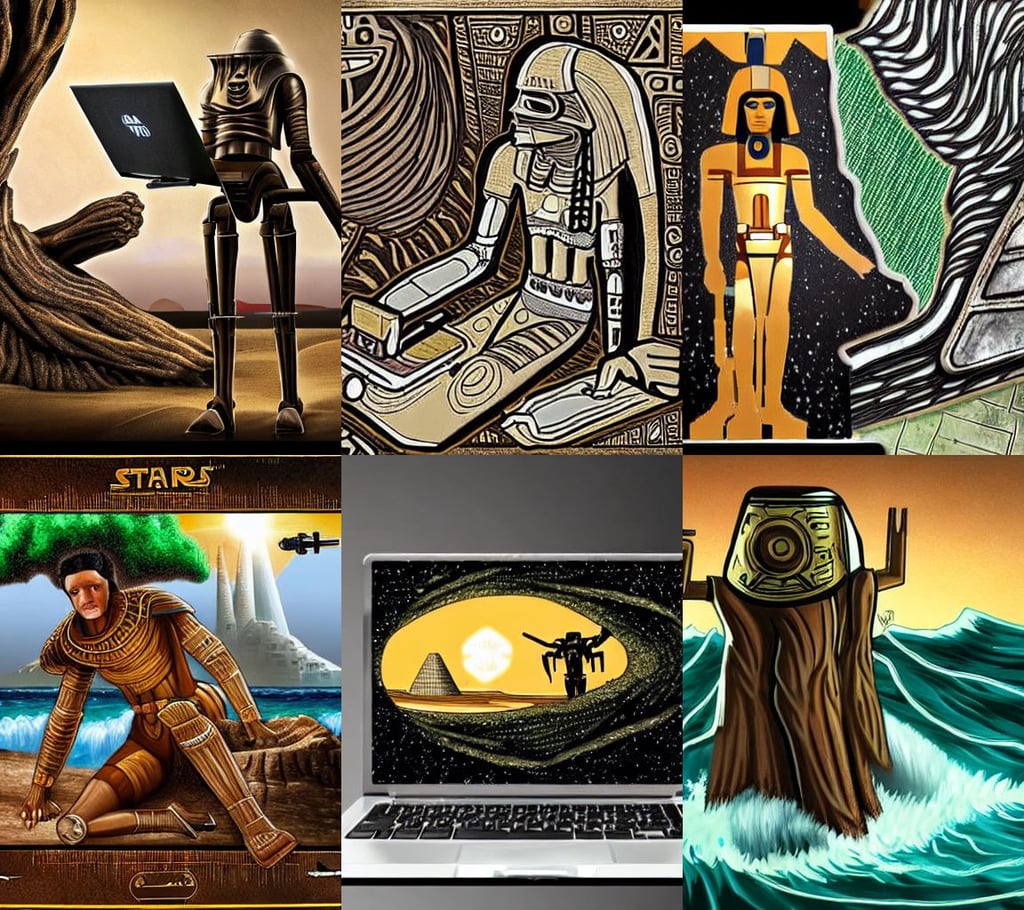 Star Wars but in Egyptian style, pastoral, highly detailed tree trunk, laptop which has human legs, boston dynamics, stormy sea with huge waves