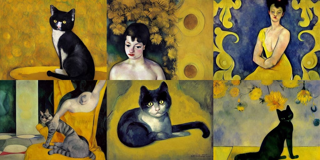 cute cat on yellow background, art by Hilma Af Klint, Egon Schiela and Maxfield Parrish. A woman in a gossamer gown. Intricate detail. Ink..., transparent, art by Paul Cézanne, art by Artemisia Gentileschi, Unreal Engine, federichi, full body, book ilustration, art by Rembrandt Van Rijn, magic, concept art, Establishing shot, portrait of a an astronaut, art by Diego Velázquez, volumetric lighting, art by Francis Bacon