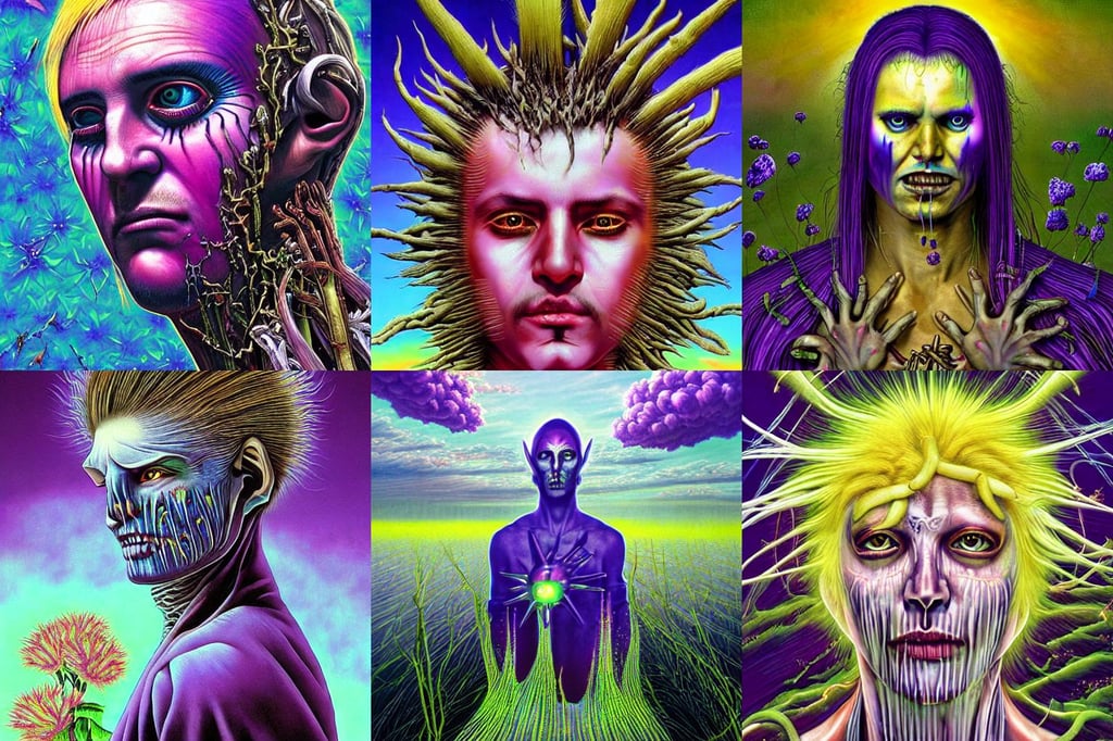 a portrait of judas, by giger and vladimir kush, hacker, magical composition, bright saturated colors, discovery one, high definition digital art, by HR Giger, over a white grassy cliff, violet colored theme, male elf next to giant flowers. Blond hair and blue. Detailed, bubbling geysers, art by shintaro kago and carne griffiths, peter palombi, manic, by yoji shinkawa, reflective surfaces rendered completely, fantasy game spell, sunny day, ross tran