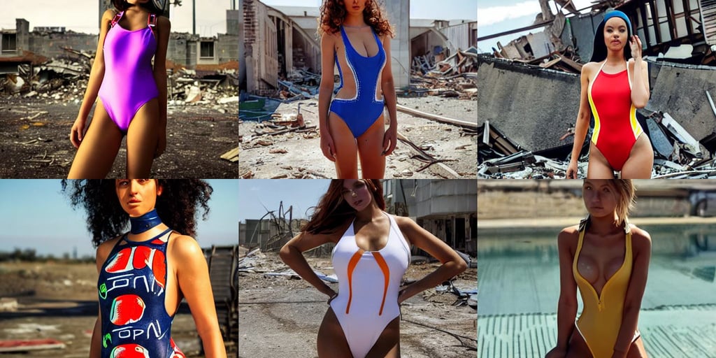 attractive female robot in the closed one-piece swimsuit monokini, destroyed city abandoned apocalypse