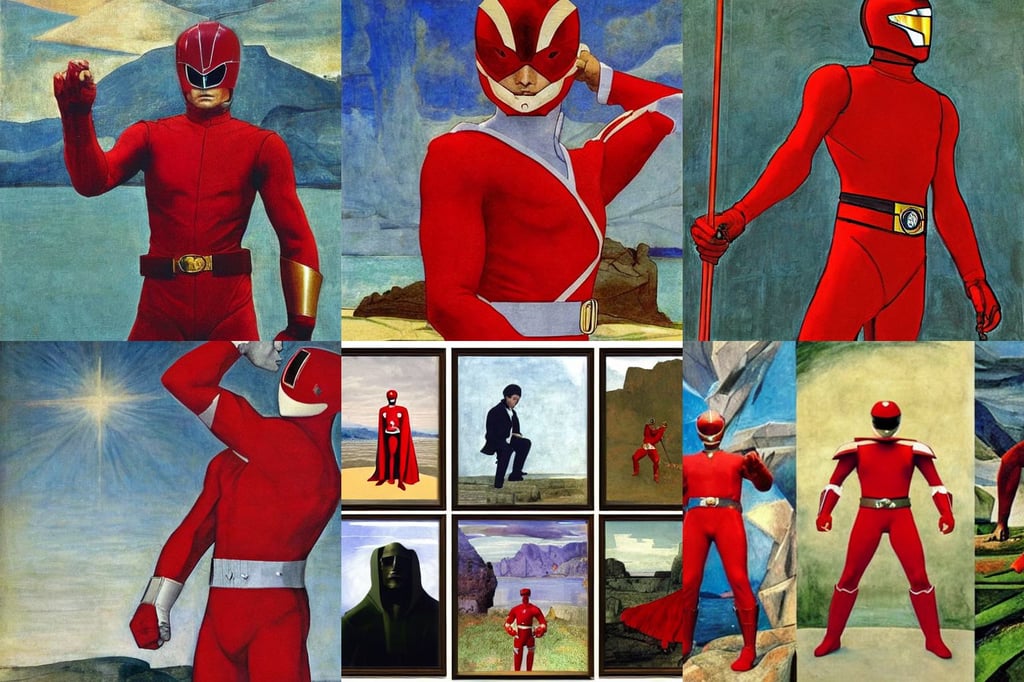 portrait of the red ranger from Power Rangers, art by Caspar David Friedrich, by the lake, art by Giotto Di Bondone, art by Pablo Picasso, art by Caspar David Friedrich