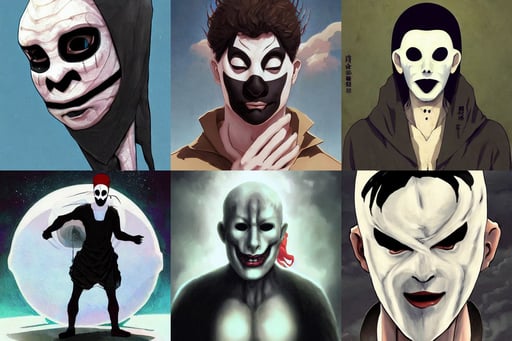 a man in a mime mask, anime key art by artgerm and greg rutkowski, biblical!! holy perfection!! digital painting, coffin comics, mignola, landed spaceship on a comet, pale colors, the most beautiful image ever created, 𝑭𝒐𝒓𝒔𝒂𝒌𝒆𝒏 𝑩𝒆𝒂𝒖𝒕𝒚 𝒂𝒏𝒅 𝒕𝒉𝒆 𝑬𝒕𝒉𝒆𝒓𝒃𝒆𝒂𝒔𝒕:, fisheye lens, one side brown haircut with blue tips on the end, lush foliage