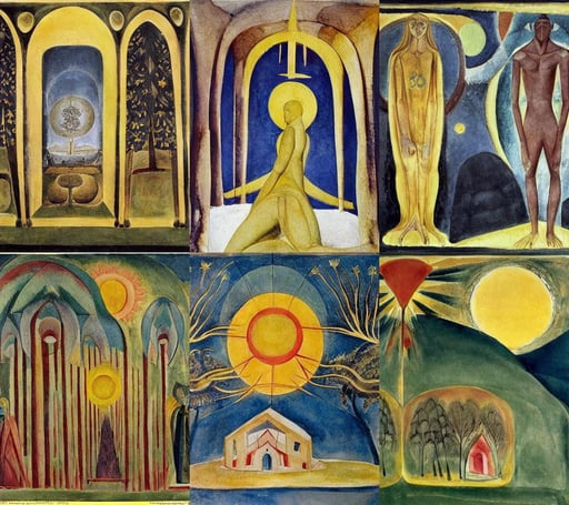 Sun Monestary within a golden forest in the snow, art by Tiziano Vecellio Di Gregorio, art by William Blake, along the lake, art by Mark Rothko, liberty, art by Magdalena Carmen Frida Kahlo Claderón, anthropomorphic, art by Wassily Kandinsky - Photo, art by Marcel Duchamp