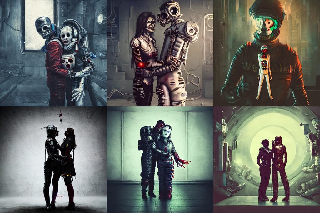 portrait art of 8k ultra realistic undead retro futuristic astronaut vampire king, marionette, dystopian cyberpunk steampunk soviet mood, woman and man embraced tightly, castle in center