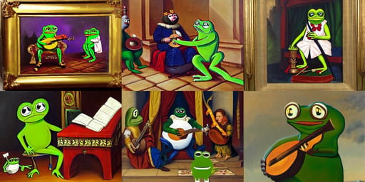 painting of pepe the frog as a minstrel entertaining the king, the king is sitting on the throne, oil painting