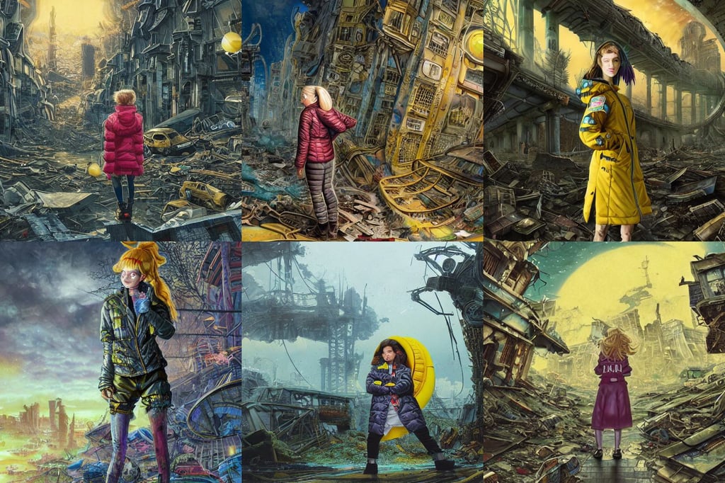 german girl wearing a ( ( ( ( funky yellow bubble jacket ) ) ) ), flexing, hyper  detailed background in a cinematic style, destroyed city abandoned apocalypse, sci fi decadent highly - detailed digital painting, fantasy bayou landscape, and don bluth, very high intricate details, interesting, chillwave, 3 d modeling, ilustration by Takehiko Inoue (((and Yoann Lossel))) (((and Yoji Shinkawa))), dreads, art by Ted Nasmith, thick turtlenecked orange sweater, monster hunter illustrations art book, cave of gemstones, illustrated on transparent glass by ross tran, bokeh telephoto lens tilt - shift symmetrical miniature model pastel god's rays, trending on artstation pixiv