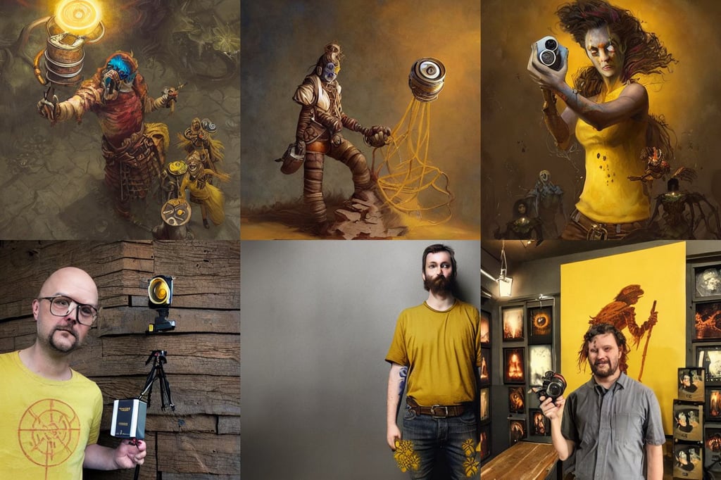 Esao Andrews, holding cinema camera, Gloomhaven, and yellow. As you walk inside, single logo, award winning photography