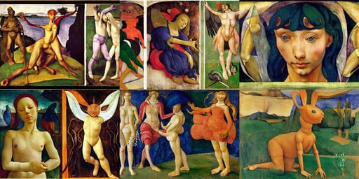 dancing humanoid robot rabbit, art by Sandro Botticelli, by Weta Digital, art by Michelangelo Buonarroti, art by Paul Gauguin, art by Albrecht Dürer, art by Johannes Vermeer, spreading wings, art by Edvard Munch, art by Paolo Uccello, art by Vincent Van Gogh, ultra-detailed, art by Paolo Uccello, art by Jan Van Eyck, peaceful and softly landscape who has Namek’s villages with a female character flying trough the sky, art by Jenny Saville, art by Tiziano Vecellio Di Gregorio, art by Vincent Van Gogh, hyper detailed, detailed, galaxies exploding