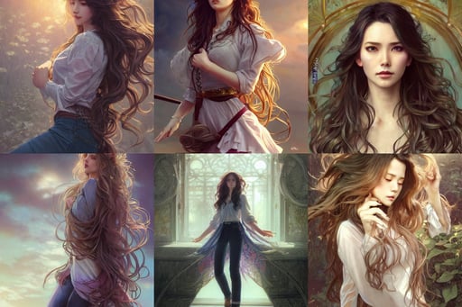 a gorgeous woman with long wavy hair wearing a blouse and jeans, and yoshitaka amano., cinematic lighting + masterpiece, 8K realistic art by artgerm and greg rutkowski and alphonse mucha, high detail, cinematic by WLOP and Rossdraws, pixta.jp, Adobe Photoshop, cool color scheme